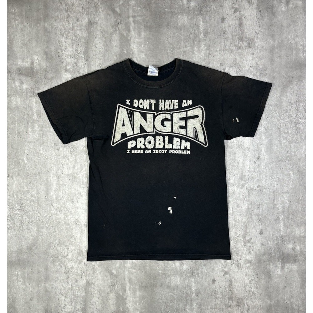 Gildan Funny Humor Anger Problem Black Graphic Tee Shirt Mens Small Y2K Retro